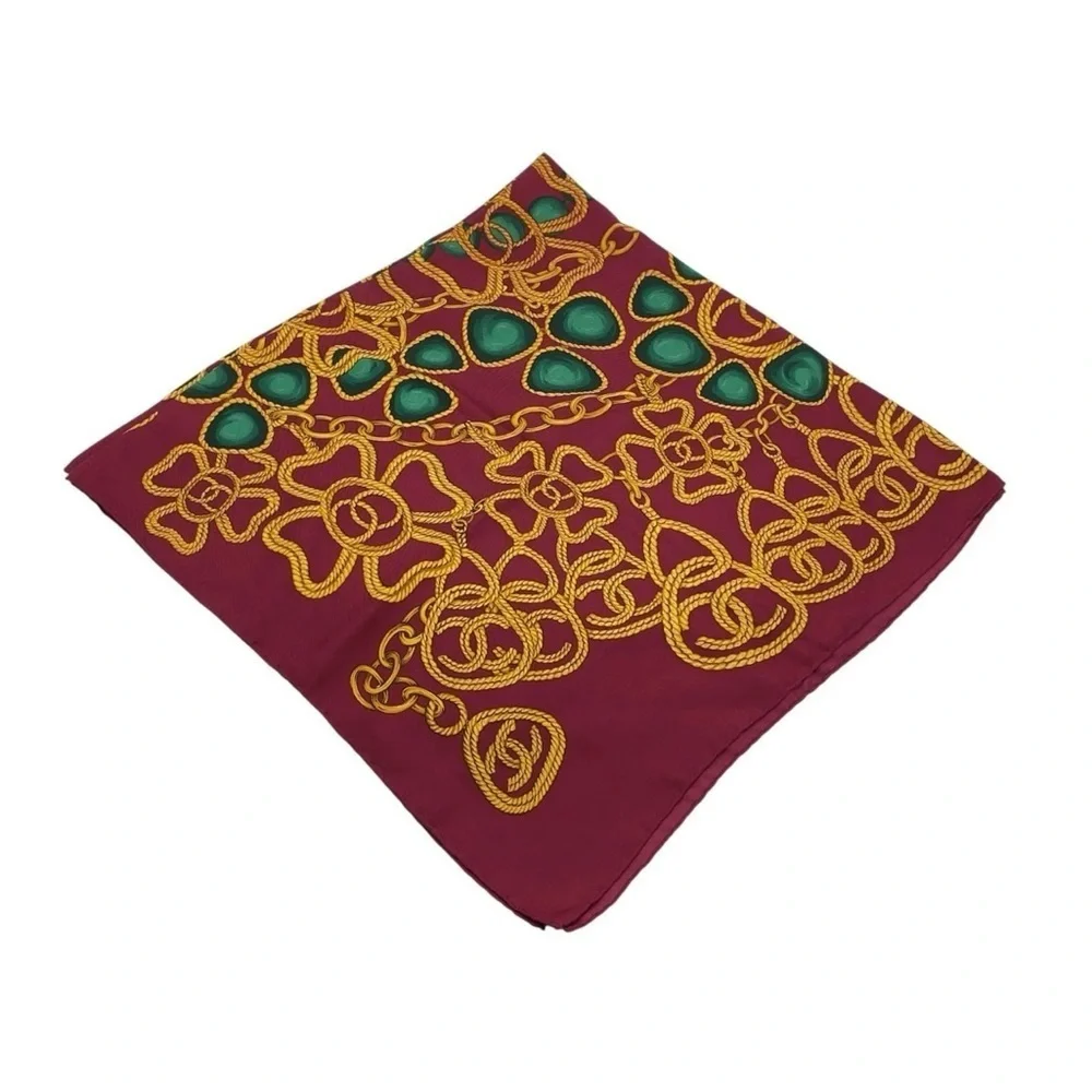 Auth Chanel gold chain and medallion design, Silk Scarf